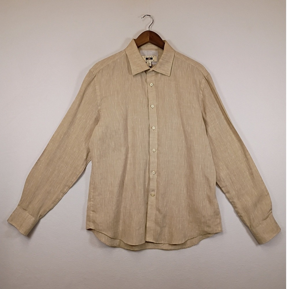Coastal Luxury Joseph Abboud Mens Large Sand Linen Blend Long Sleeve Button Down